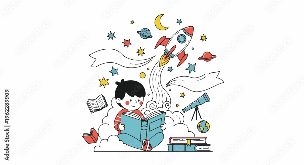 Fototapeta premium Vector illustration of a young boy reading an open book surrounded by space elements like a launching rocket, stars, planets, and telescope.