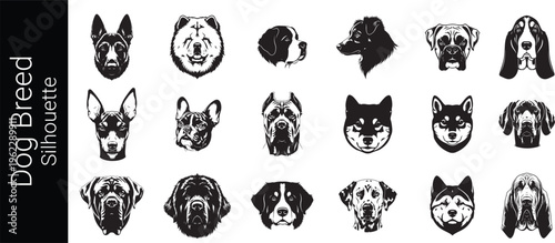 Dog Breed Silhouette Front view of dogs group standing or sitting of different breeds vector silhouette collection