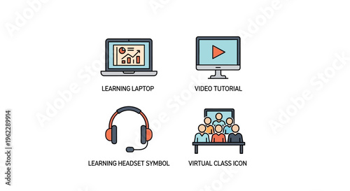 Iconic elements representing online learning, webinars, tutorials, and virtual education setups