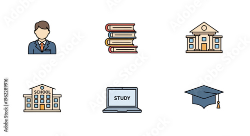 Educational Symbols: Icons Depicting Learning, School, Study, and Graduation in a Design