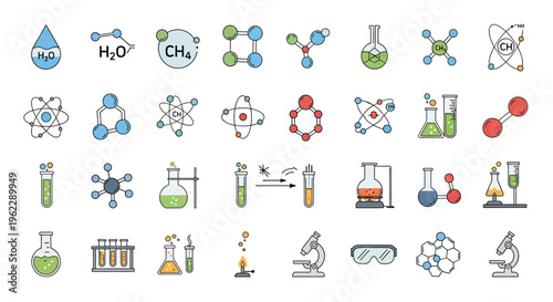 Illustrated chemical and scientific icons, symbols, and elements on a white backdrop