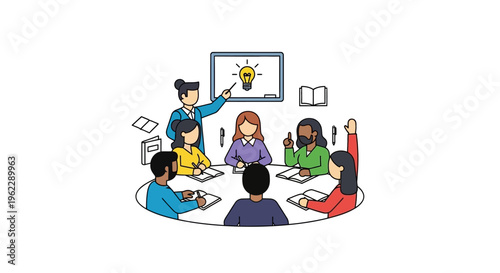 Illustrated depiction of a collaborative workshop with brainstorming and idea sharing