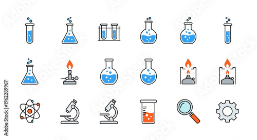 Illustrated scientific laboratory equipment icons set, perfect for educational or research purposes