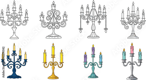 Hand-Drawn Vintage and Colorful Candelabras with Multiple Candles for Elegant Home Decor and Holiday Celebrations