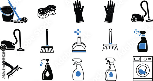 Cleaning tools and supplies icons set