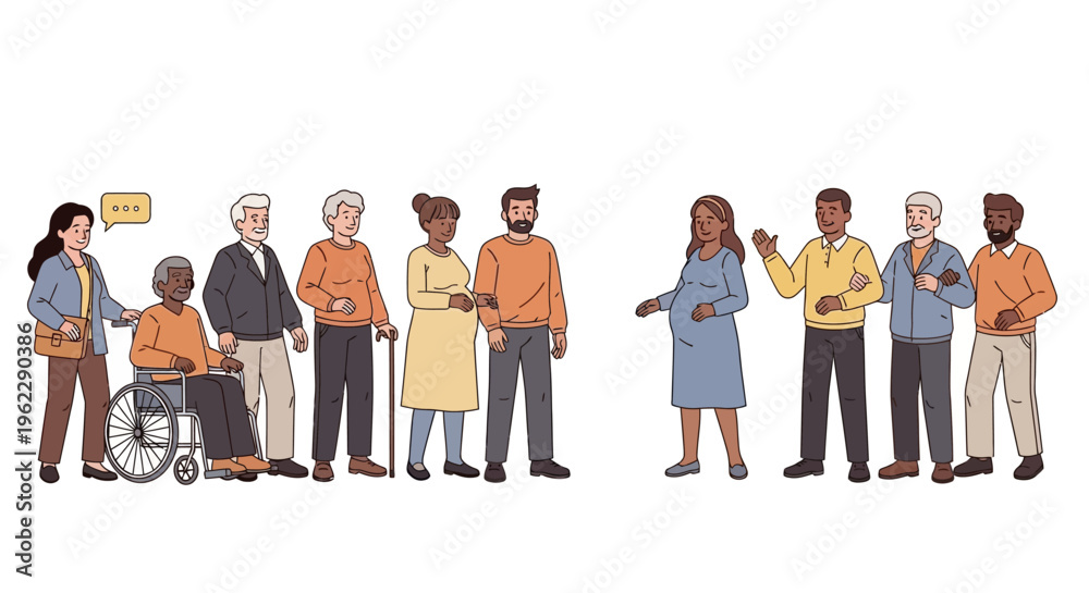 Obraz premium Diverse and Inclusive Community Group: Multigenerational People with Varied Ages, Races, Abilities, and Life Stages Connecting
