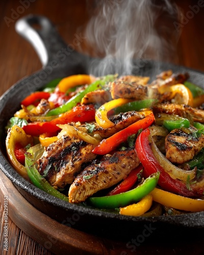 Hot chicken fajitas cooking with colorful bell peppers and onions in a cast iron skillet