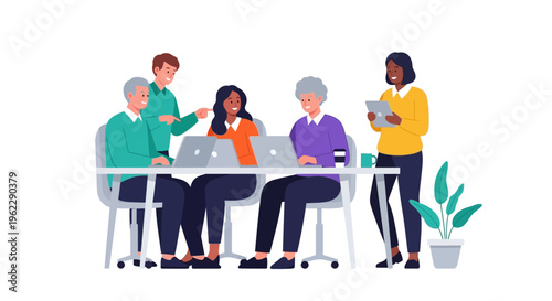 Diverse Business Team Collaborating at Office Table with Laptops, Mentorship and Digital Work - Flat Vector Illustration