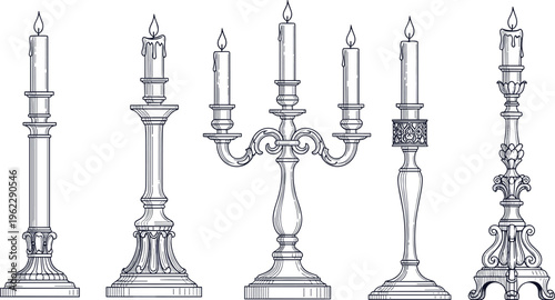 Hand-Drawn Vintage Candleholders with Multiple Candles in Classic and Elegant Designs for Decorative and Home Decor Illustrations