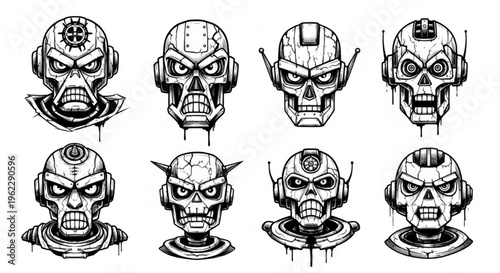 Urban Graffiti Robot Heads Vector Illustration Sheet in Black Ink Grunge Punk Street Art Style