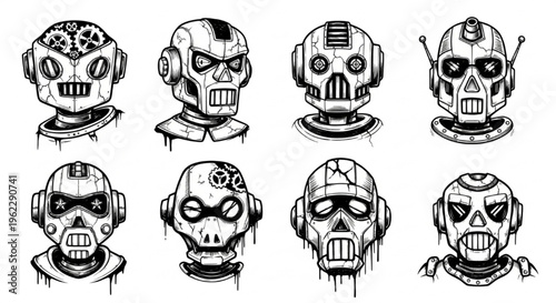 Urban Graffiti Robot Heads Vector Illustration Sheet in Black Ink Grunge Punk Street Art Style
