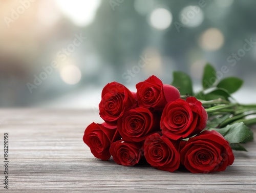 Beautiful Bouquet of Fresh Red Roses on Wooden Table Soft Focus Background for Romantic and Floral Themes