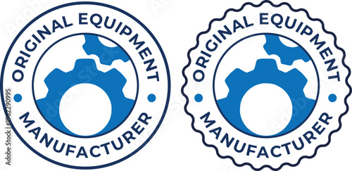 OEM gear badge logo set original equipment manufacturer blue industrial label round and wavy seal style vector