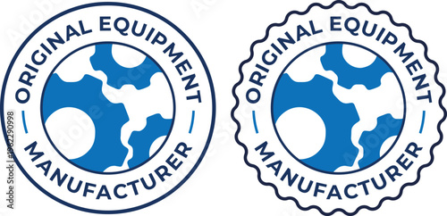 OEM gear badge logo set original equipment manufacturer blue industrial label round and wavy seal style vector