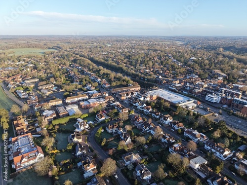 Gerrards Cross Buckinghamshire, UK town centre establishing aerial shot