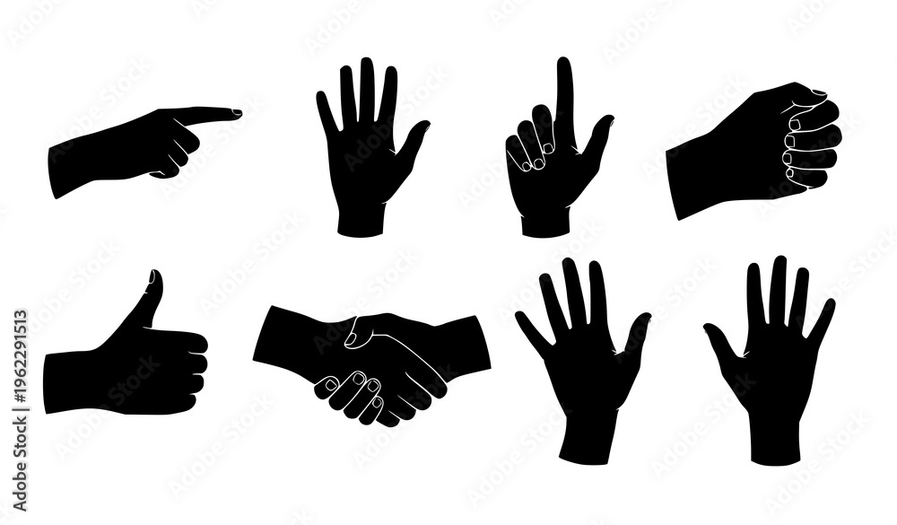 Obraz premium Vector Hand Gestures Collection – Minimal Silhouettes for UI & Branding