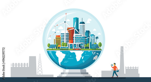 Sustainable urban city with skyscrapers, wind turbines, and solar panels enclosed in a glass sphere on top of the earth.