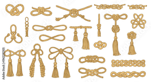 Collection of vintage style engraved rope knots and decorative tassels with detailed line work and traditional nautical patterns for design.