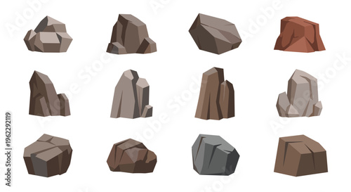 Pixel art set of various rocks and mountain boulders in different shapes and brown shades for professional video game environment design.
