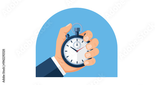 Businessman's hand holding a professional stopwatch against a blue circular background representing efficient time management and deadlines.