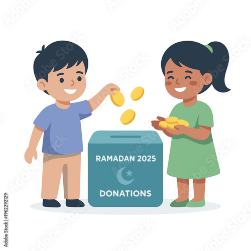 Children donating coins to Ramadan charity box.