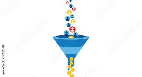 Sales funnel illustration showing various people being converted into gold coins as they pass through the strategic marketing stages.