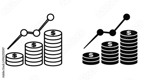 Black and white upward trending money coins stack graph