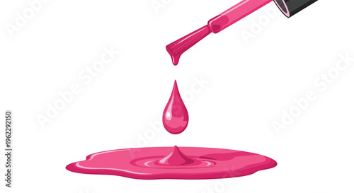 Bright pink nail polish dripping from a brush onto a liquid puddle in a vibrant and glossy pixel art style for beauty and fashion themes.