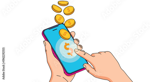 Hand holding a modern smartphone with gold coins flying out of the screen representing mobile banking and digital profit concepts for finance.