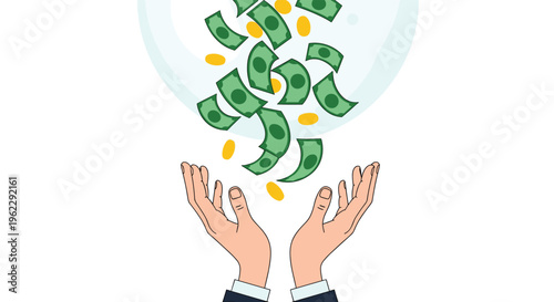 Pair of hands reaching up to catch falling green banknotes and gold coins representing financial success and material abundance.