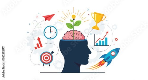 Brain power and innovation concept showing a human head with a growing plant, rocket launch, and various business success indicators.