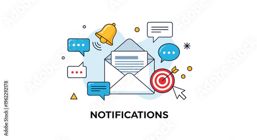 Marketing notification concept showing an open envelope surrounded by chat bubbles, a bell icon, and a red bullseye target symbol.