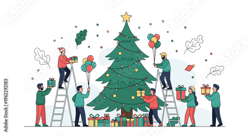 Team of happy people working together to decorate a large Christmas tree with colorful ornaments and wrapped gifts for the holiday season.