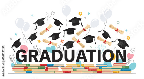 Graduation celebration background with academic caps and diplomas flying over a stack of colorful textbooks and festive balloons.