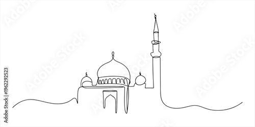 Mosque continuous line design. Islamic architectural design concept. Celebration of Ramadan, Eid al-Fitr Eid al-Adha and Islamic New Year. one line Icon drawing