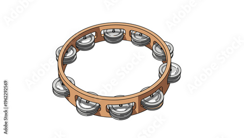 Detailed illustration of a wooden tambourine with metal jingles, a popular percussion instrument for various music genres and bands.