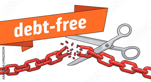 A vector graphic illustration of scissors cutting a red chain with a debt-free banner