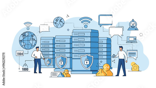 Server farm security concept with technicians monitoring database infrastructure protected by digital firewalls and encrypted data protocols.