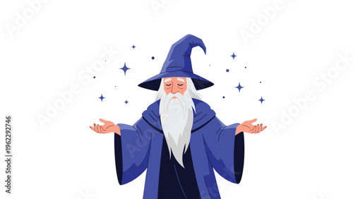 Wise wizard character wearing a blue hat and robe stands with open hands surrounded by magical stars and mystical energy on white background.
