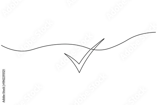 A minimalist continuous one line drawing of a check mark symbol representing success, approval, and completion. Clean black line art on a white background.