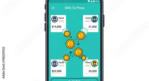 A smartphone screen displaying a mobile app for managing bills and payments with a teal background and gold coins.