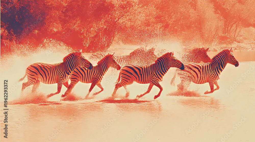 Fototapeta premium Dynamic Herd of Zebras Galloping Through Water