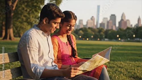 South Asian couple sits on a park bench, closely examining a map while enjoying the view of the city skyline. The sun casts a warm glow over the green grass and trees surrounding them