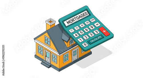 A vector graphic illustration of a house with a mortgage calculator on top, symbolizing home financing and ownership costs.