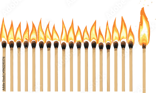 Burning Matchsticks Sequence with Progressive Flame Stages, Fire Ignition Concept Illustration for Heat, Danger and Combustion Process Vector Design