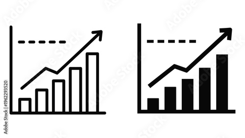 Black line graph and bar chart with upward trending arrow