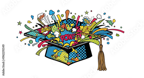 Graduation cap exploding with colorful comic book effects