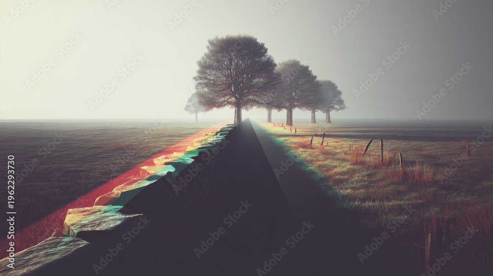 Fototapeta premium Misty Path Lined with Bare Trees and Stone Wall