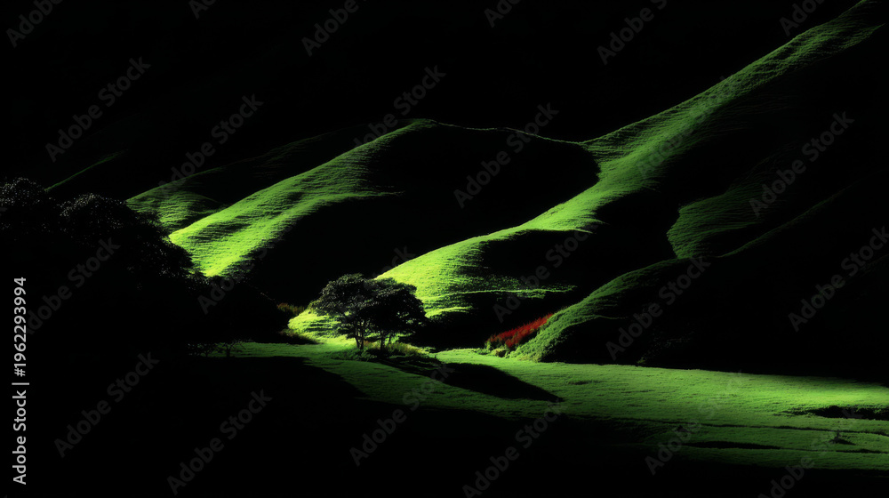 Obraz premium Dramatic Sunlight on Rolling Green Hills with Lone Tree