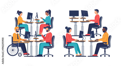 Diverse and Inclusive Business Team Working on Computers in a Modern Office Environment, Featuring Accessibility